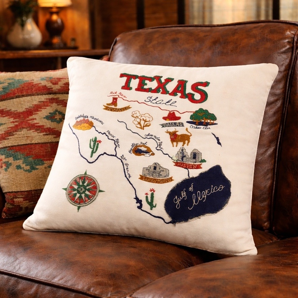 Texas State Map Pillow Cover Embroidered Alamo Pecos River Boot‎ Western